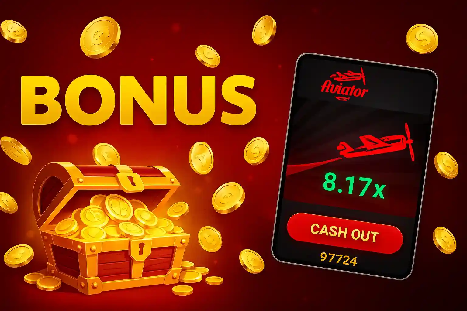 Aviator bonus mobile game showing 8.17x multiplier with treasure chest, golden coins and cash out button on smartphone