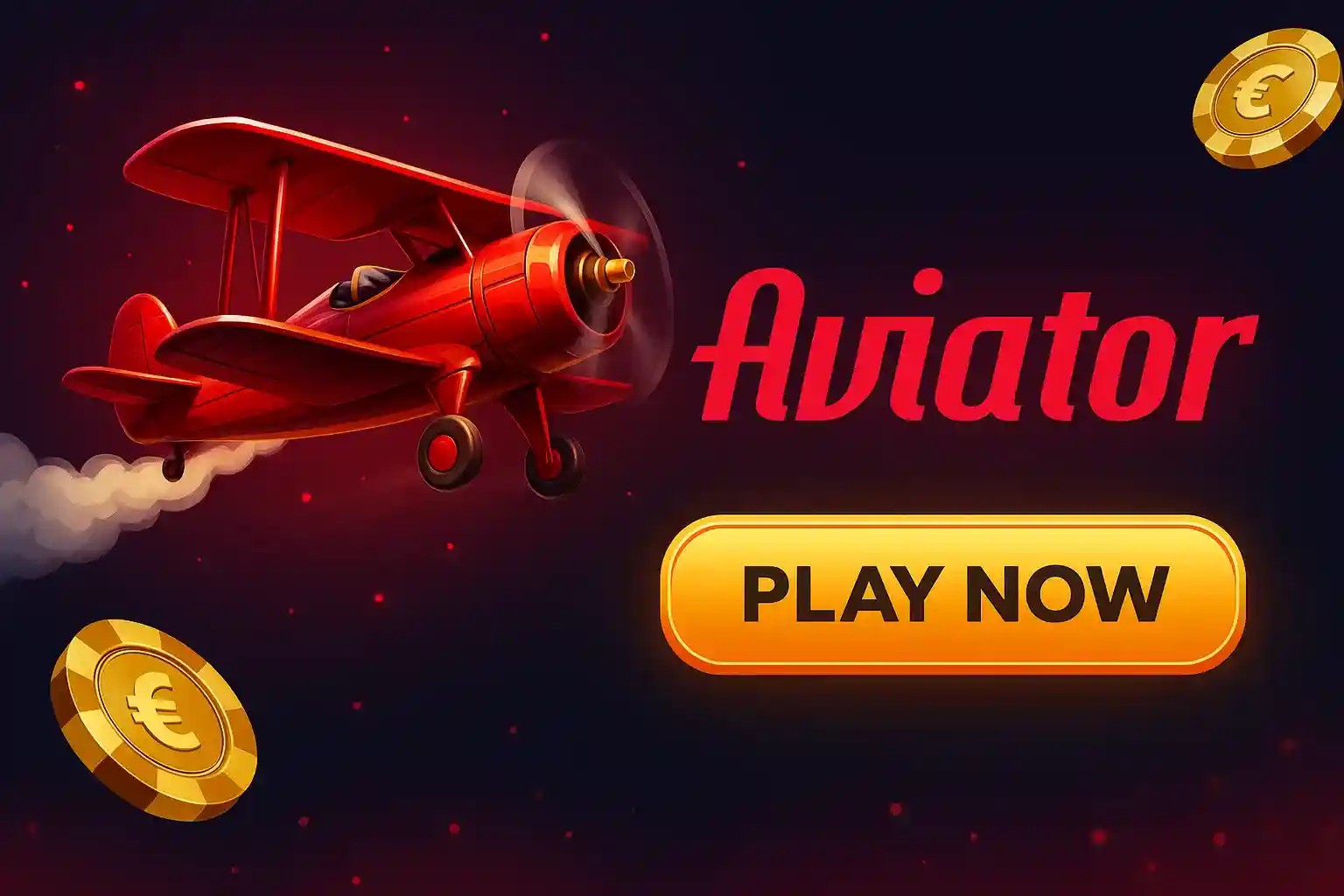 Aviator crash game with red vintage airplane flying through clouds with golden coins and play now button