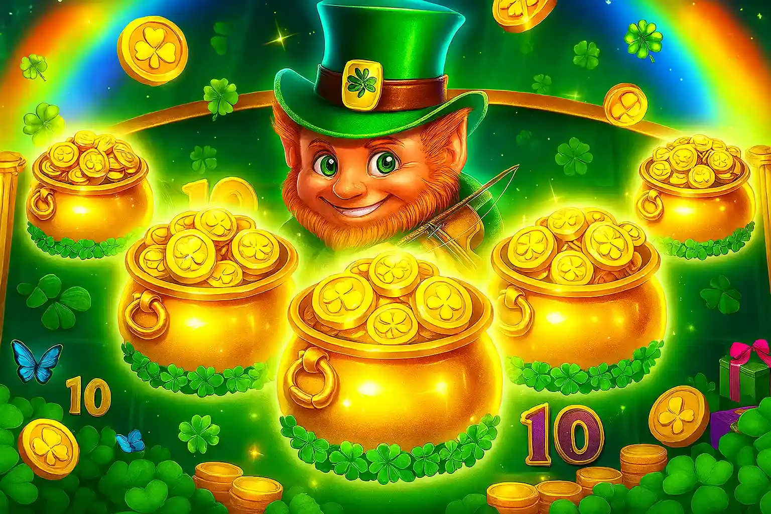 Irish themed slot game with leprechaun character, multiple pots of gold, shamrocks, rainbow and golden coins