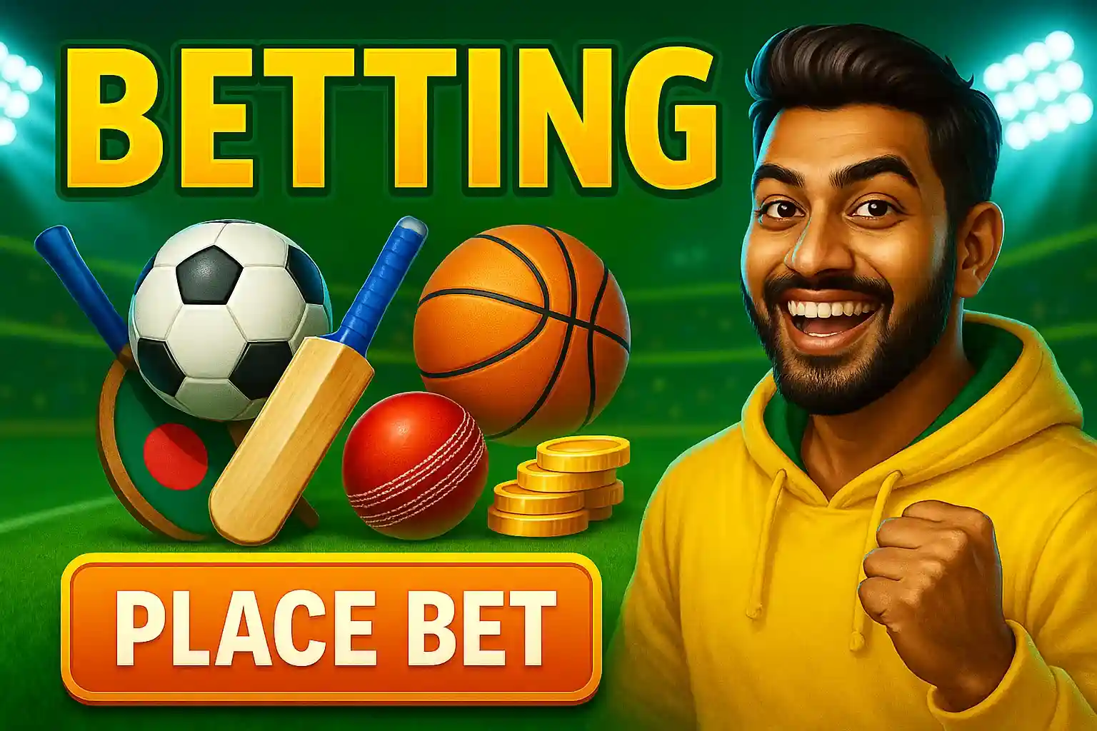 Sports betting promotion with excited man in yellow hoodie and various sports balls including football, basketball, cricket ball and golden coins