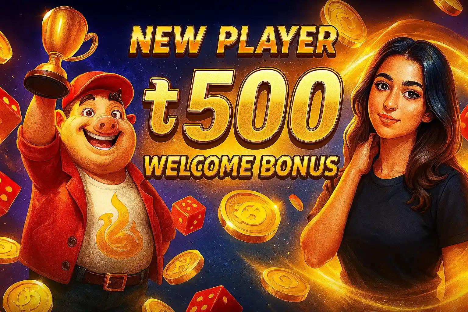 New player 500 welcome bonus offer with cheerful pig character holding trophy, woman in black dress, dice and golden coins