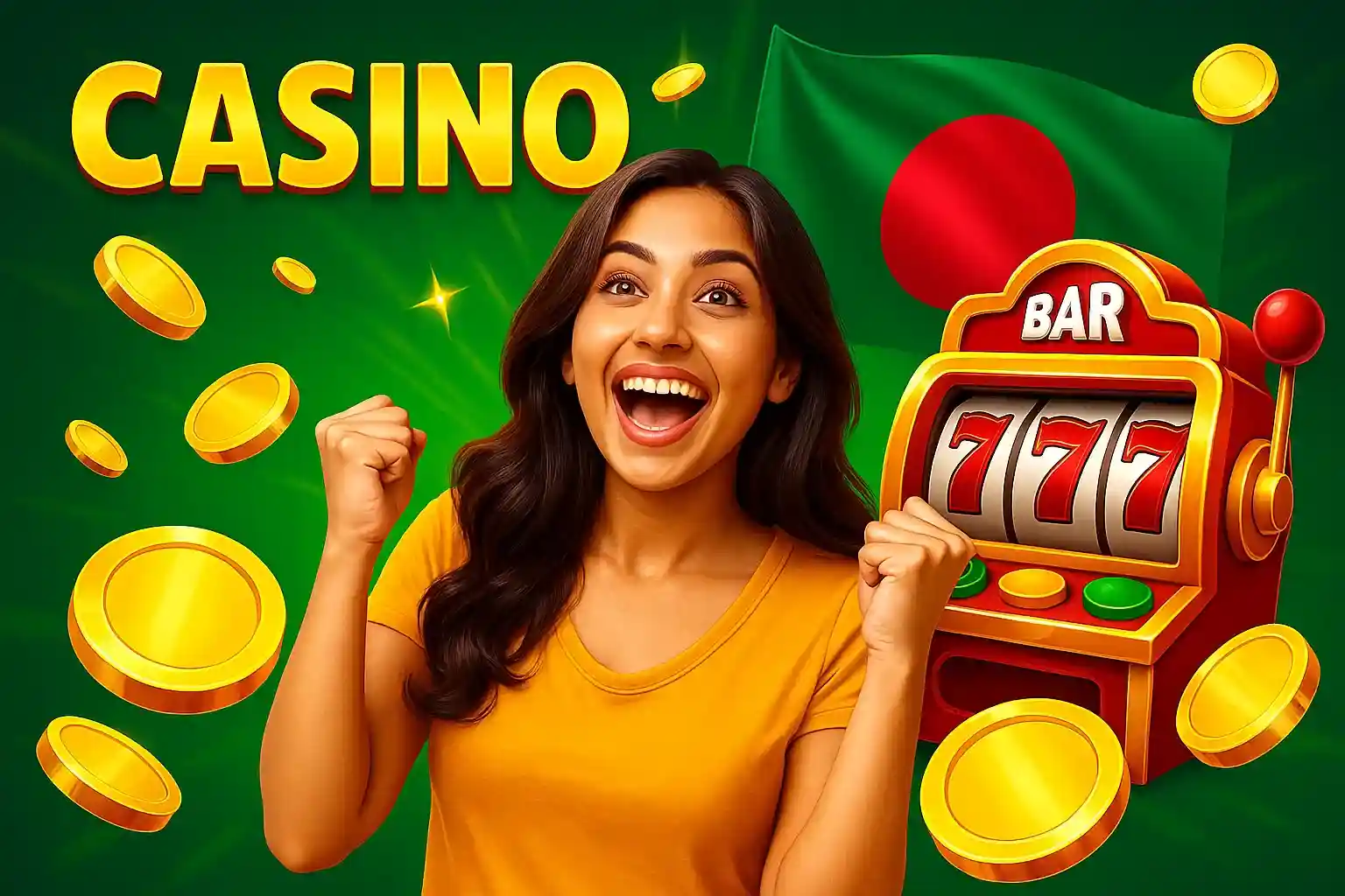 Excited woman celebrating casino jackpot win with slot machine showing 777, golden coins falling and green casino background