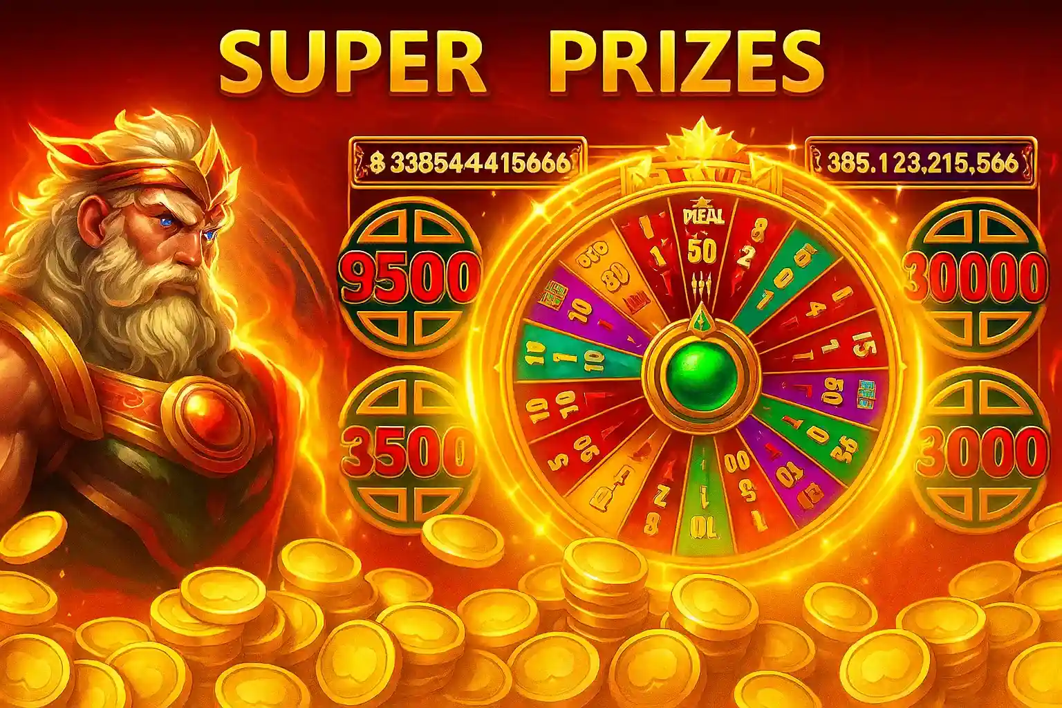 Super prizes wheel of fortune game with bearded warrior character, colorful prize wheel and massive golden coin piles