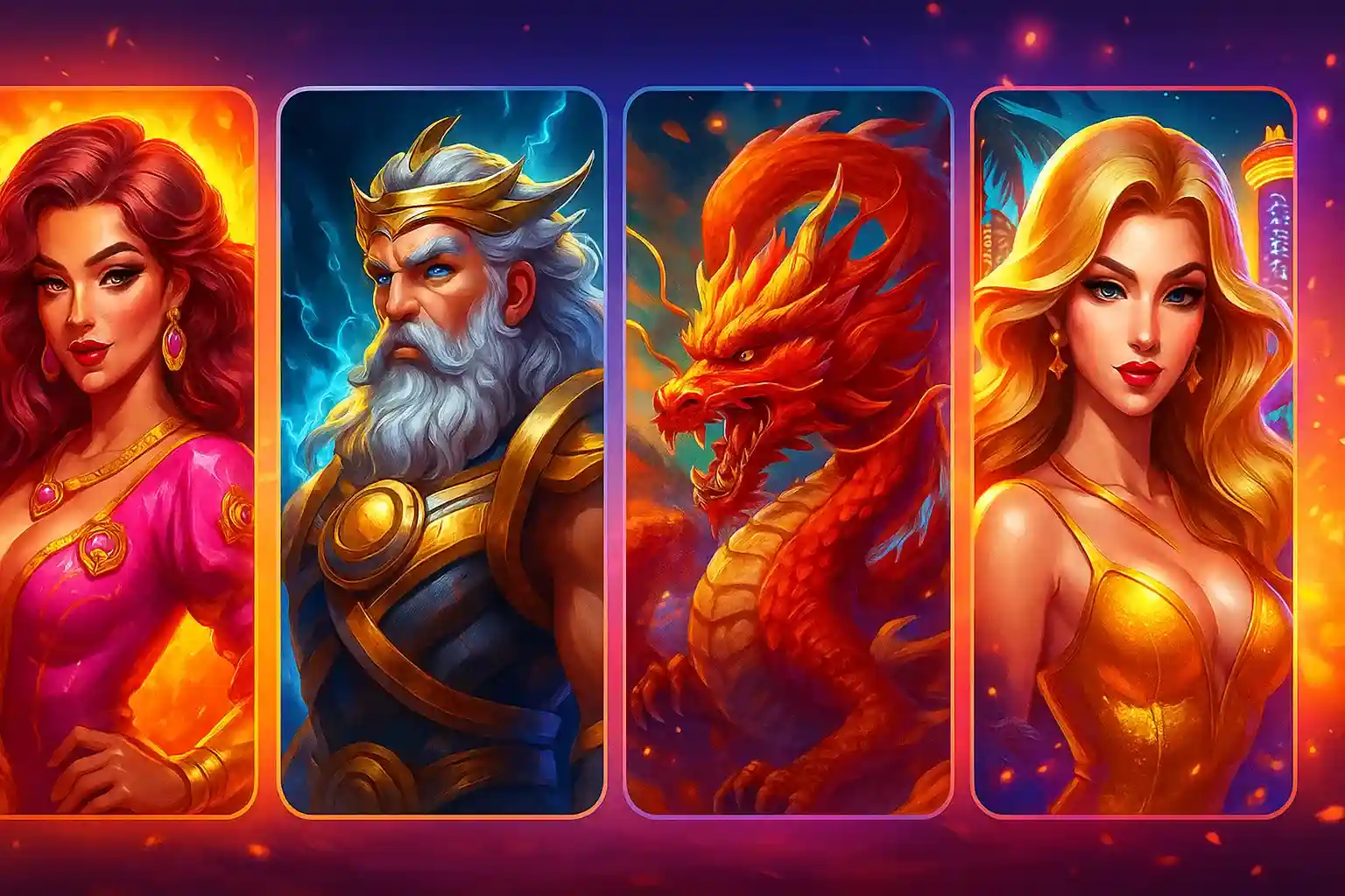Fantasy slot games character selection showing goddess, warrior king, red dragon and blonde woman in golden armor