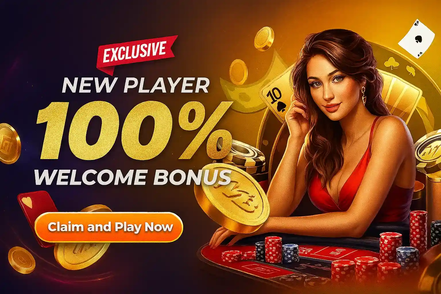 Exclusive new player 100% welcome bonus offer with woman in red dress at casino table with poker chips, playing cards and golden coins