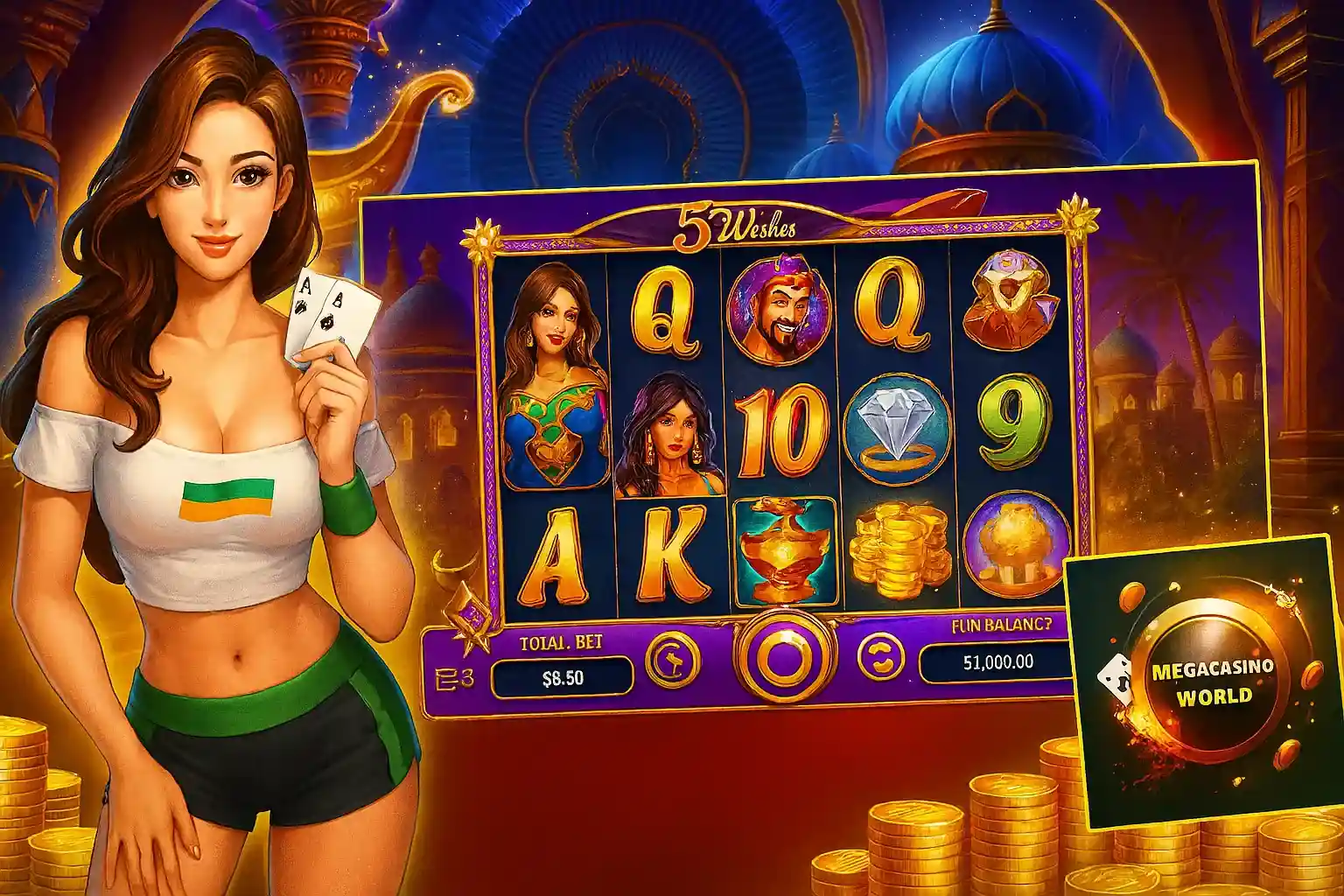 Five Wishes slot game with Arabian palace theme, featuring woman with playing cards and ornate slot machine interface