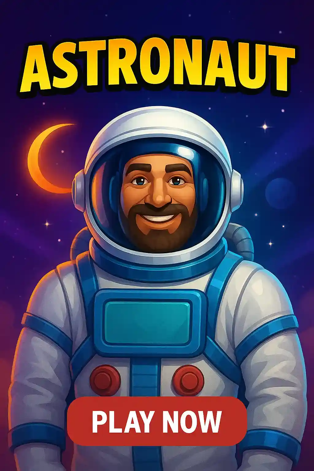 Astronaut space themed slot game with smiling astronaut in white spacesuit against starry galaxy background with planets