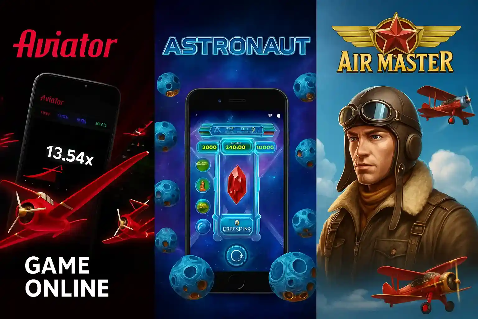 Collection of aviation themed crash games featuring Aviator with 13.54x multiplier on mobile, Astronaut space game interface, and Air Master with vintage pilot character and red biplanes