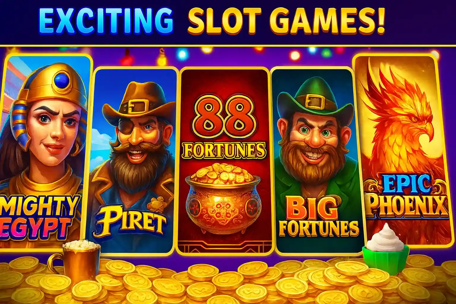 Exciting slot games collection featuring Mighty Egypt, Pirate, 88 Fortunes, Big Fortunes and Epic Phoenix with golden coins