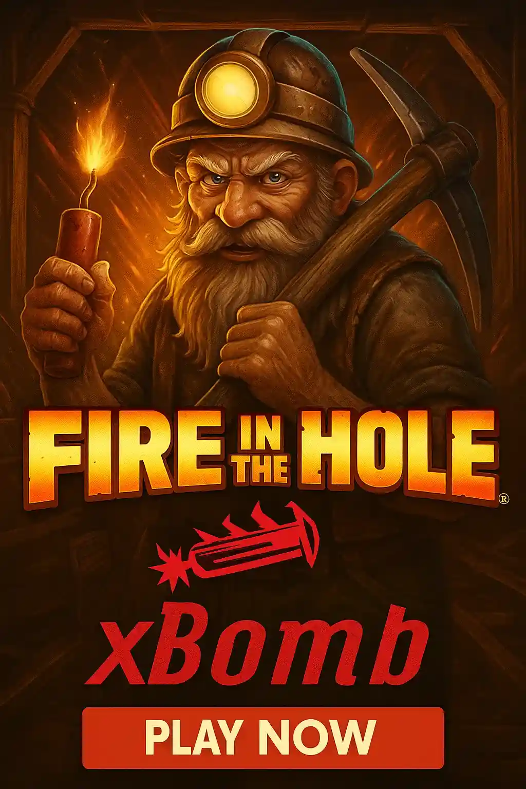 Fire in the Hole mining themed slot game with bearded miner character holding candle and pickaxe in underground tunnel